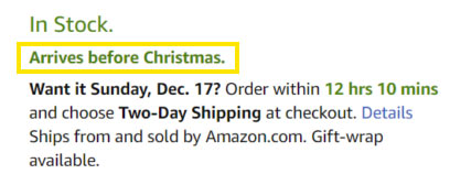 amazon arrives before christmas displayed on product listing page