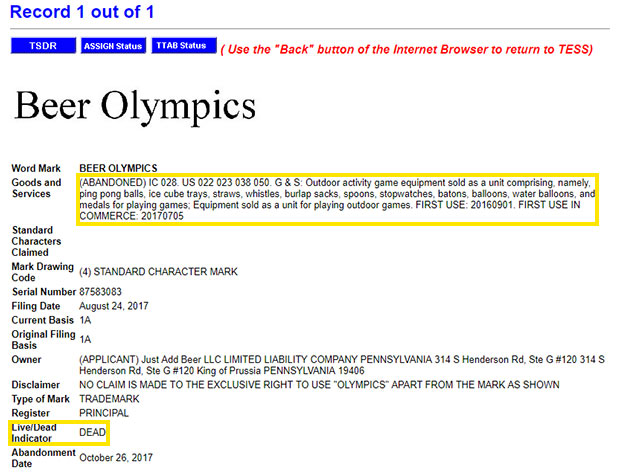 beer olympics record in uspto database