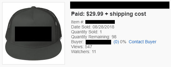 Printful hat sale confirmation from ebay.com