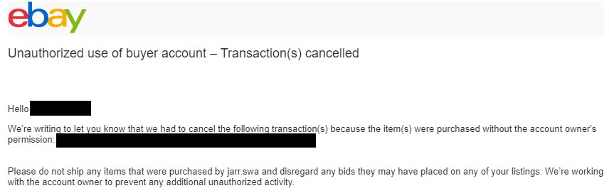 ebay email unauthorized use of buyer account
