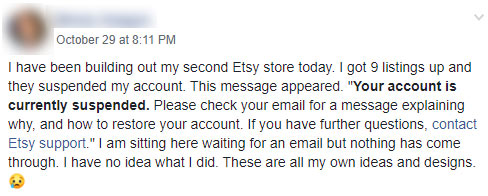 facebook group member etsy account was banned for no reason, without warning