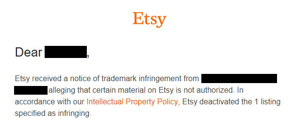 etsy notice of trademark infringement