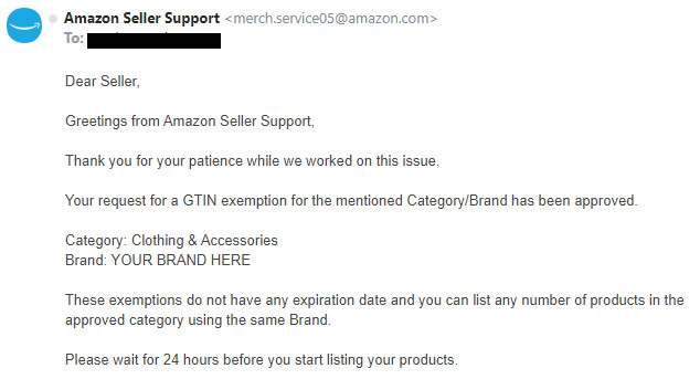 gtin exemption approved email from amazon support