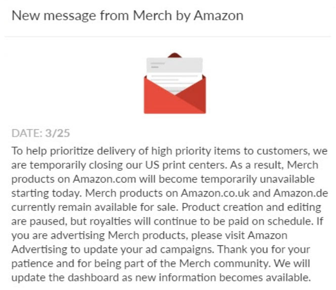 Amazon Merch closed 2020 announcement