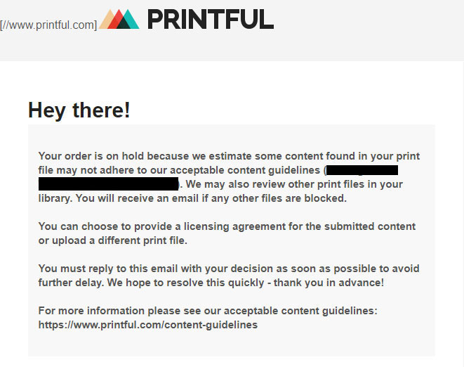printful email rejecting a design