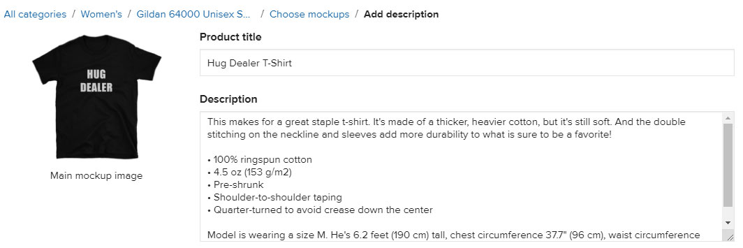 set title and description for printful shirt