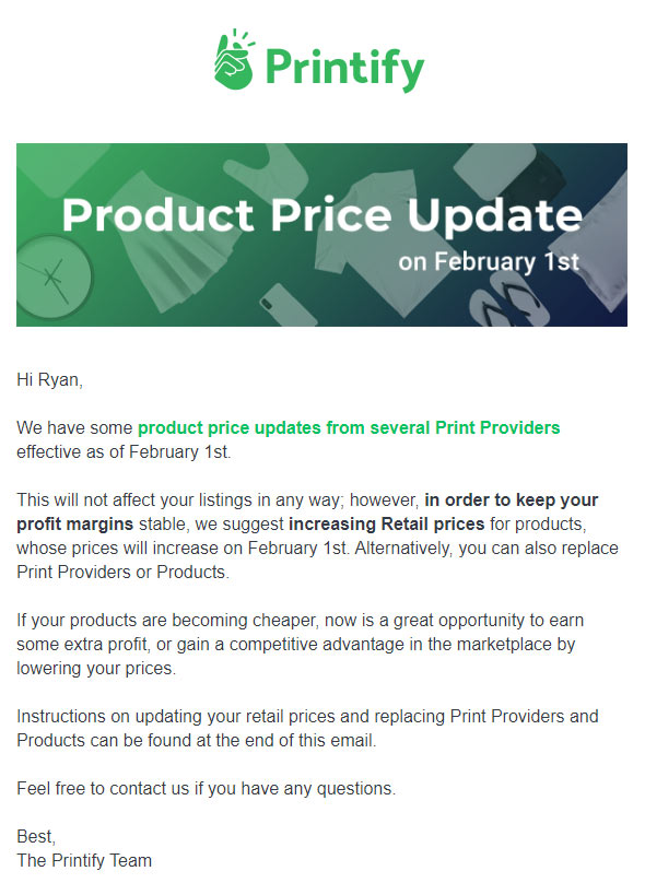 email from printify about price increases
