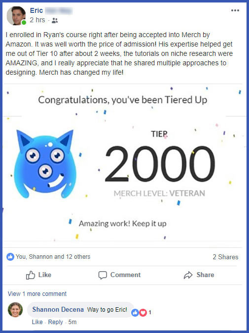 Facebook review of Ryans Method: Amazon Merch by Eric V